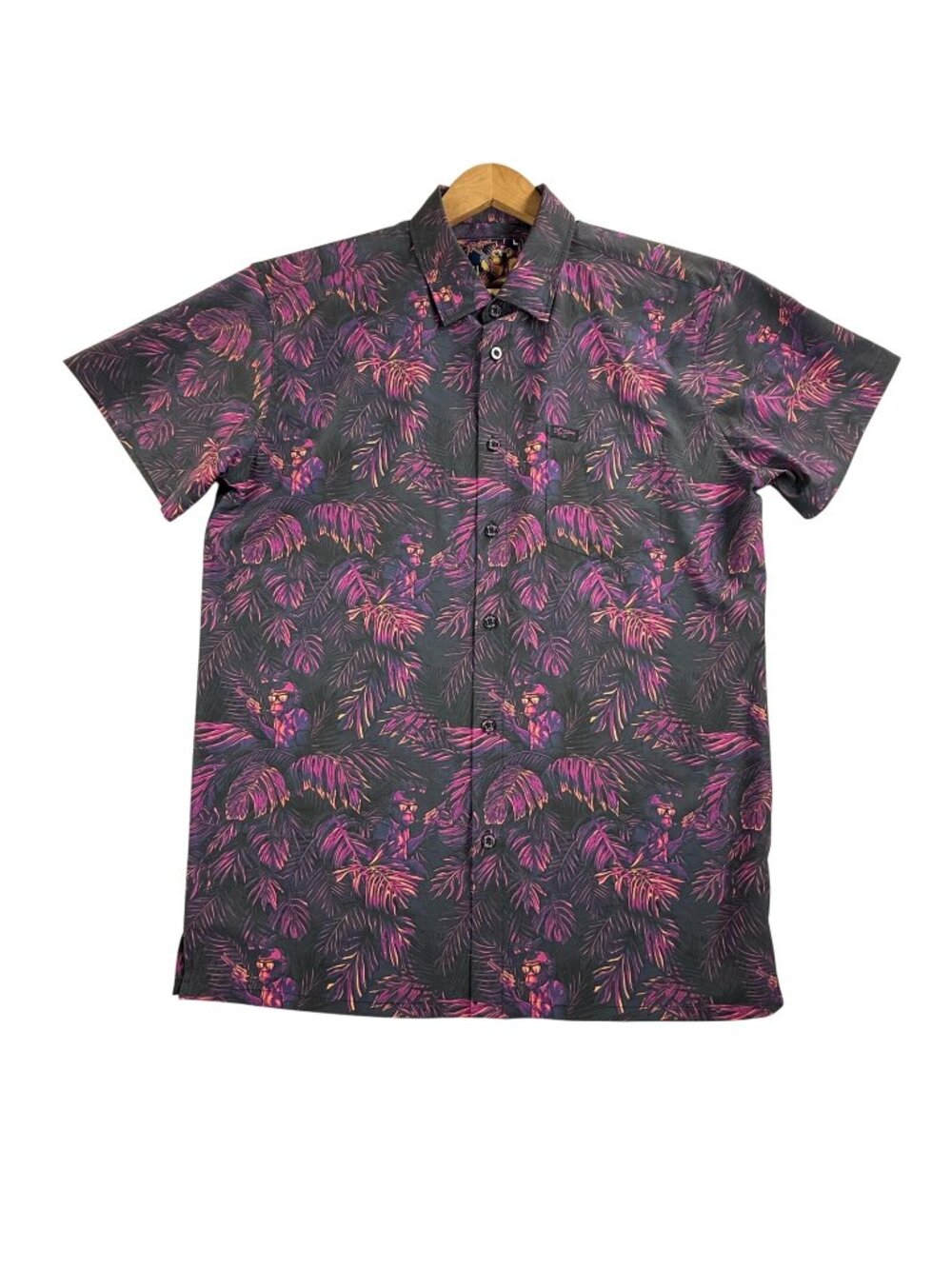 Retro Rifle Shirt Mens Large Chill Chimp Button Up Short Sleeve Tropical AOP